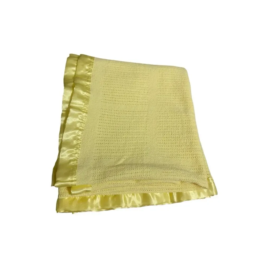 Vintage Yellow Thermal Waffle Weave‎ Satin Nylon Trim Baby Blanket 38x45